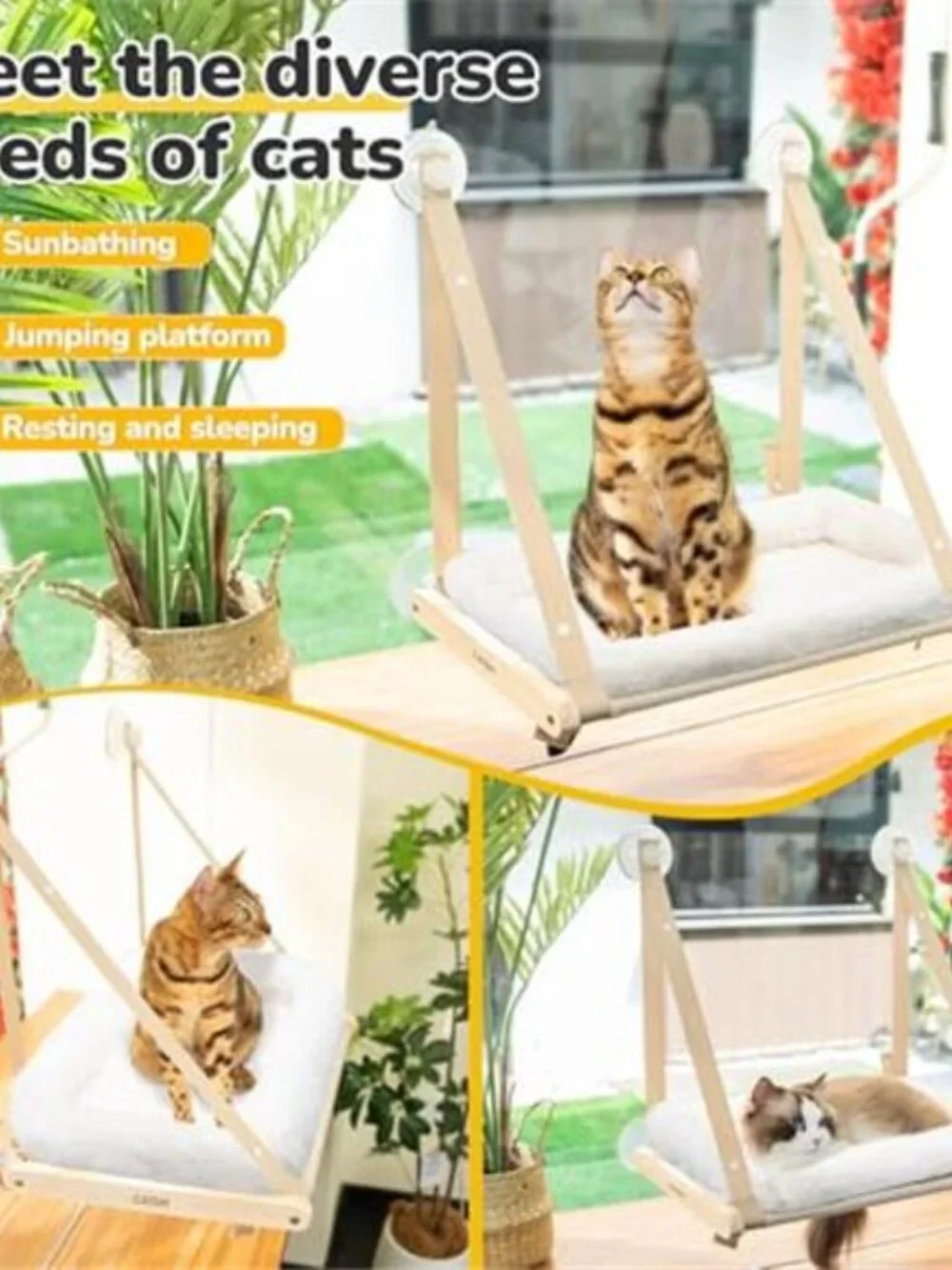 Cat Window Hammock Wooden Perch Suction Cup Bed Foldable Washable Cat Bed
